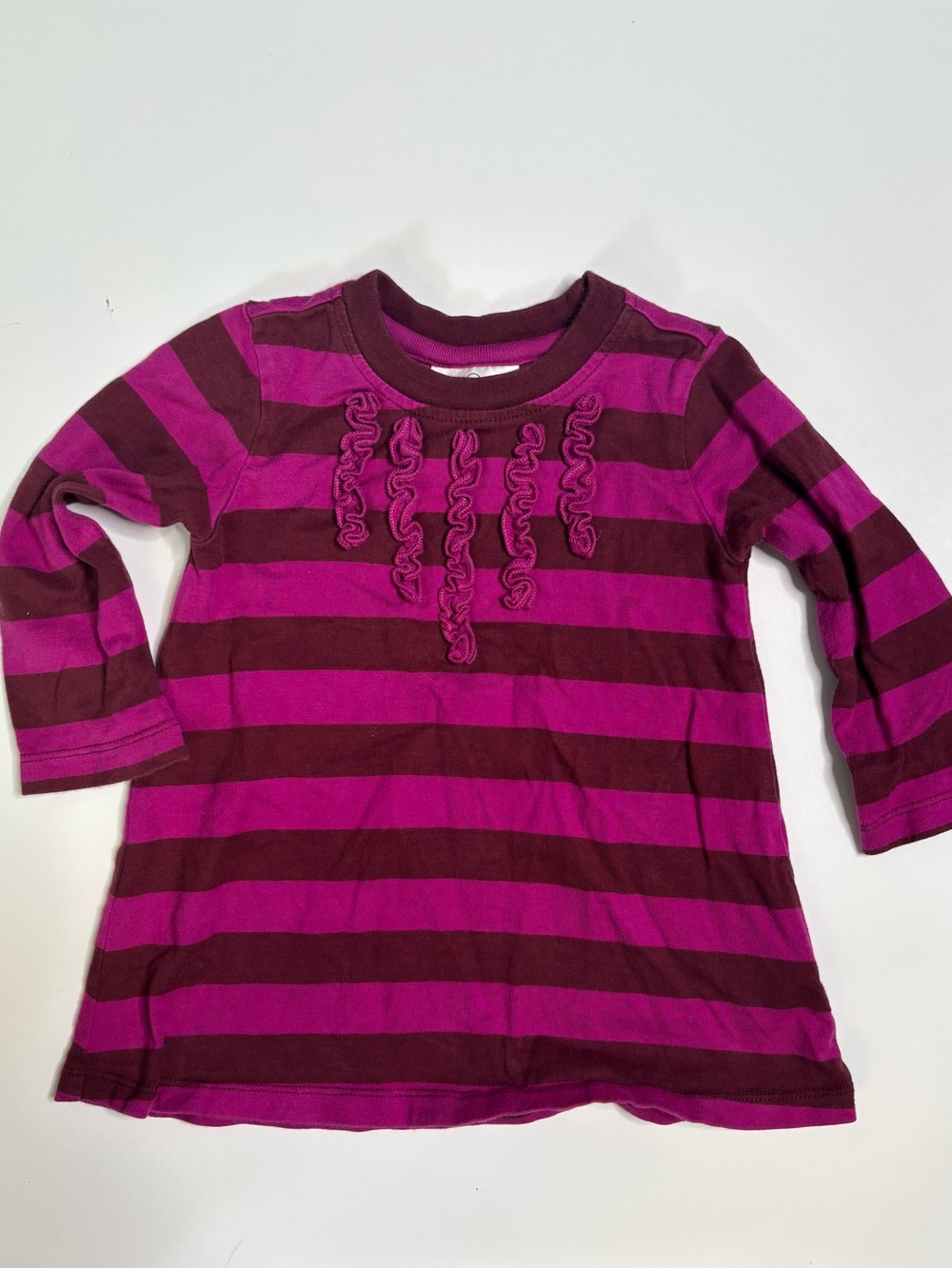 Hanna Andersson Pink & Dark Berry Striped Ruffle Front dress sz 80/18-24 months